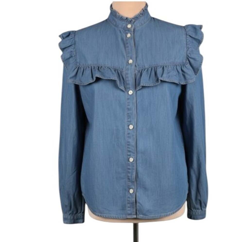 Veronica Beard Tes Ruffled Denim Button Down Top Pearl Snap Stand Collar Blue 2